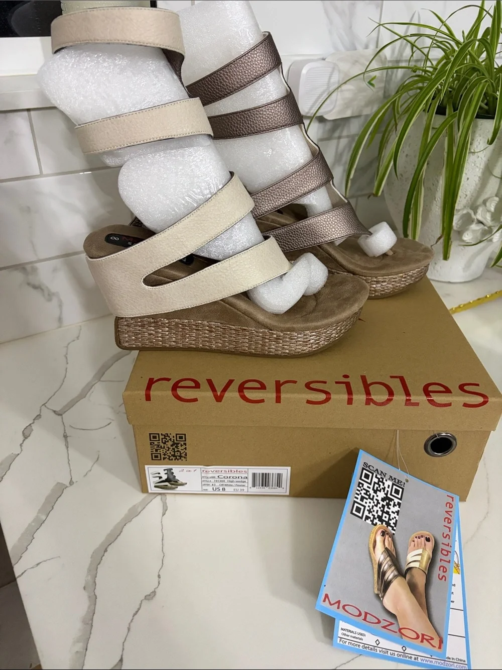 Modzori Reversibles Wedge Sandals in Metallic Bronze or Pewter and off white/crm